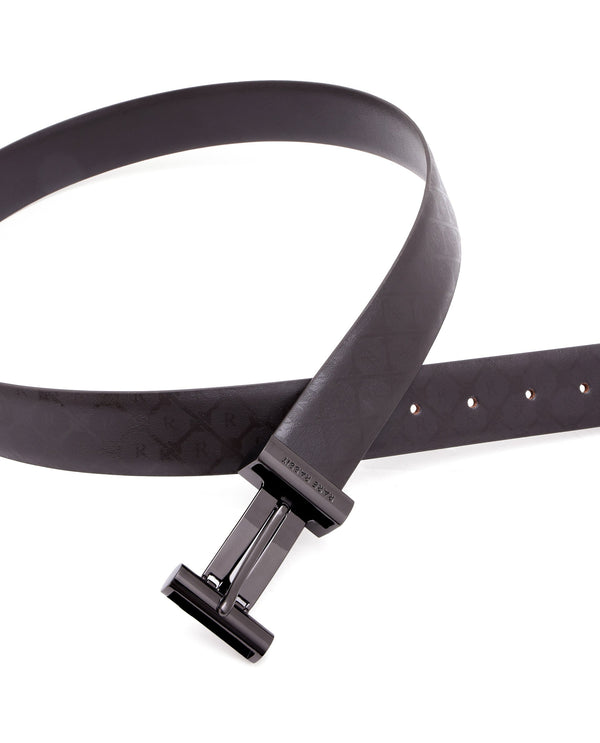 Rare Rabbit Men's Ryan Brown Reversible Monogram Print Gun Metal Belt