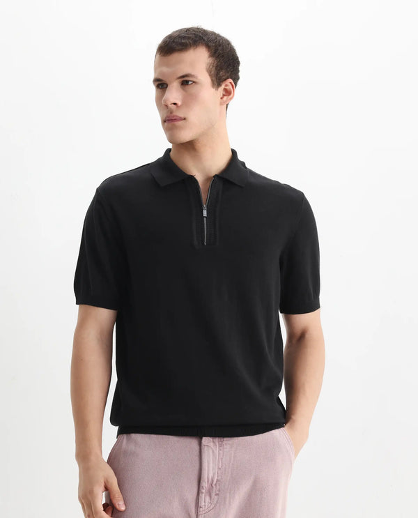Rare Rabbit Men Ryd Black Cotton Half Sleeve Spread Collar Zipper Closure Plain Polo