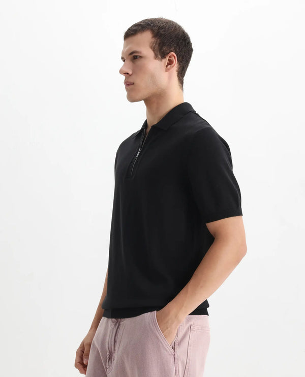 Rare Rabbit Men Ryd Black Cotton Half Sleeve Spread Collar Zipper Closure Plain Polo