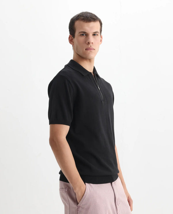 Rare Rabbit Men Ryd Black Cotton Half Sleeve Spread Collar Zipper Closure Plain Polo