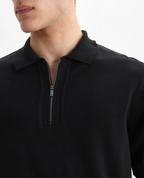 Rare Rabbit Men Ryd Black Cotton Half Sleeve Spread Collar Zipper Closure Plain Polo