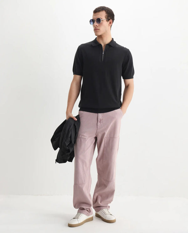 Rare Rabbit Men Ryd Black Cotton Half Sleeve Spread Collar Zipper Closure Plain Polo