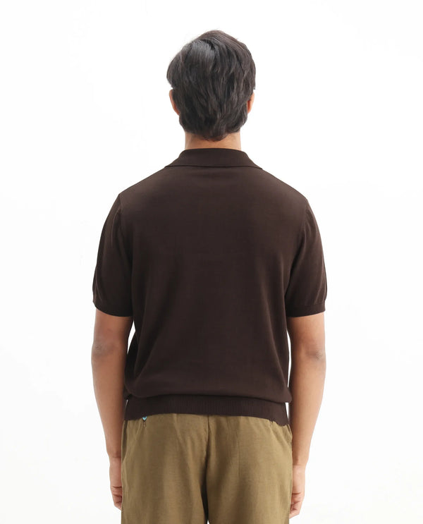 Rare Rabbit Men Ryd Brown Cotton Half Sleeve Spread Collar Zipper Closure Plain Polo
