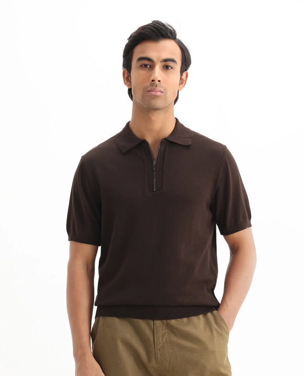 Rare Rabbit Men Ryd Brown Cotton Half Sleeve Spread Collar Zipper Closure Plain Polo