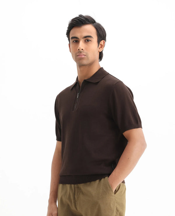 Rare Rabbit Men Ryd Brown Cotton Half Sleeve Spread Collar Zipper Closure Plain Polo