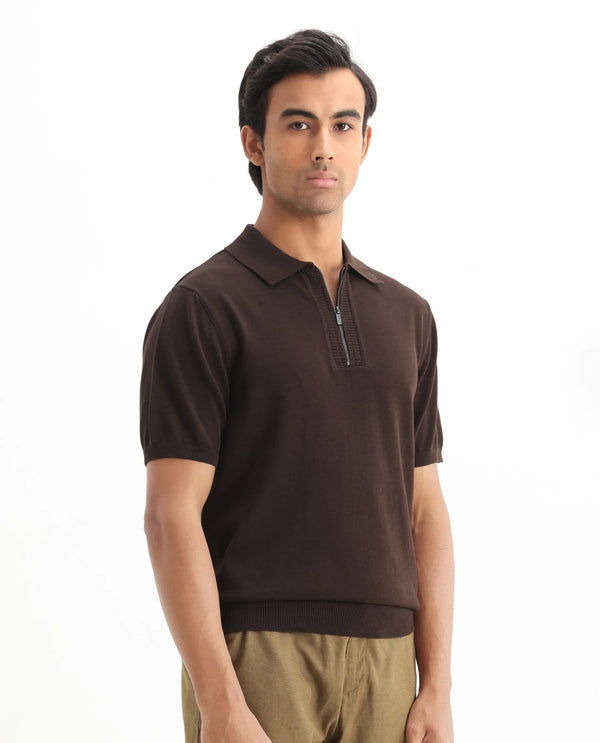 Rare Rabbit Men Ryd Brown Cotton Half Sleeve Spread Collar Zipper Closure Plain Polo