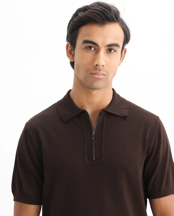 Rare Rabbit Men Ryd Brown Cotton Half Sleeve Spread Collar Zipper Closure Plain Polo