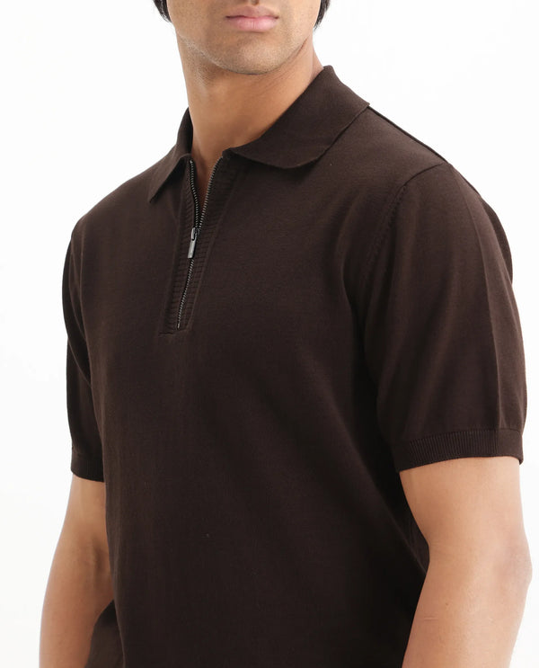 Rare Rabbit Men Ryd Brown Cotton Half Sleeve Spread Collar Zipper Closure Plain Polo