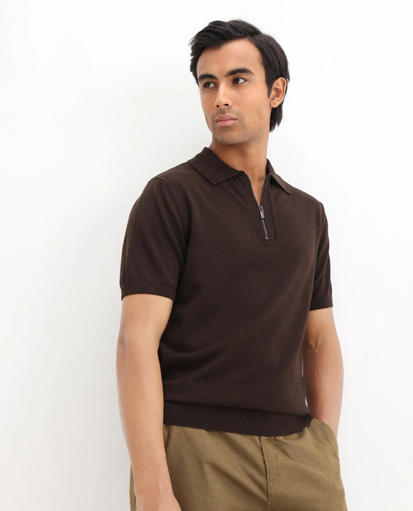 Rare Rabbit Men Ryd Brown Cotton Half Sleeve Spread Collar Zipper Closure Plain Polo