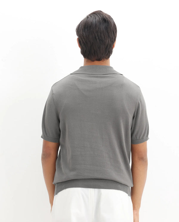 Rare Rabbit Men Ryd Dark Grey Cotton Fabric Half Sleeve Spread Collar Zipper Closure Plain Polo