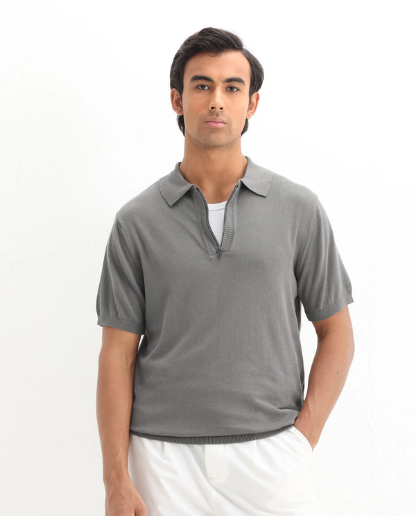 Rare Rabbit Men Ryd Dark Grey Cotton Fabric Half Sleeve Spread Collar Zipper Closure Plain Polo