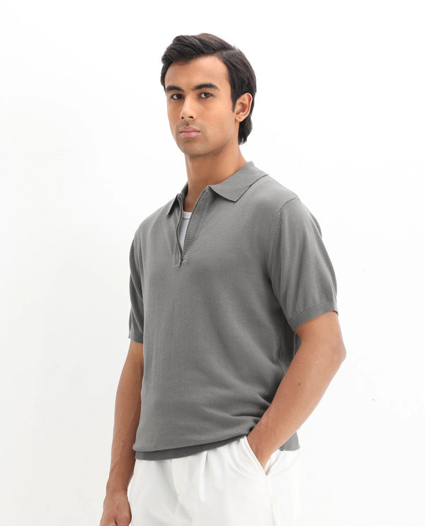 Rare Rabbit Men Ryd Dark Grey Cotton Fabric Half Sleeve Spread Collar Zipper Closure Plain Polo