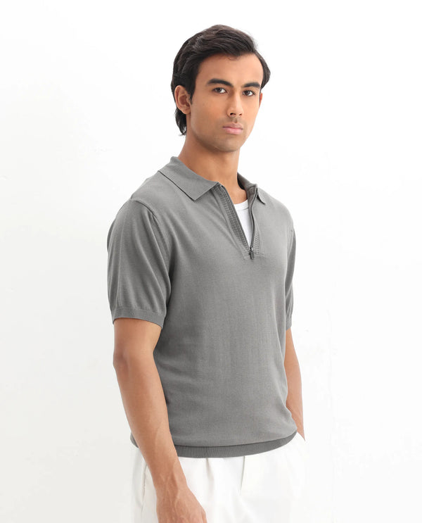 Rare Rabbit Men Ryd Dark Grey Cotton Fabric Half Sleeve Spread Collar Zipper Closure Plain Polo