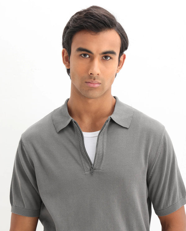 Rare Rabbit Men Ryd Dark Grey Cotton Fabric Half Sleeve Spread Collar Zipper Closure Plain Polo