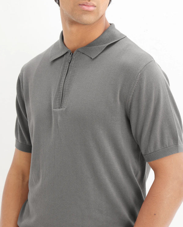 Rare Rabbit Men Ryd Dark Grey Cotton Fabric Half Sleeve Spread Collar Zipper Closure Plain Polo