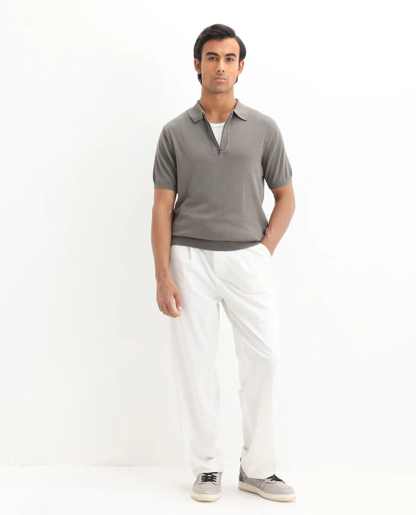 Rare Rabbit Men Ryd Dark Grey Cotton Fabric Half Sleeve Spread Collar Zipper Closure Plain Polo