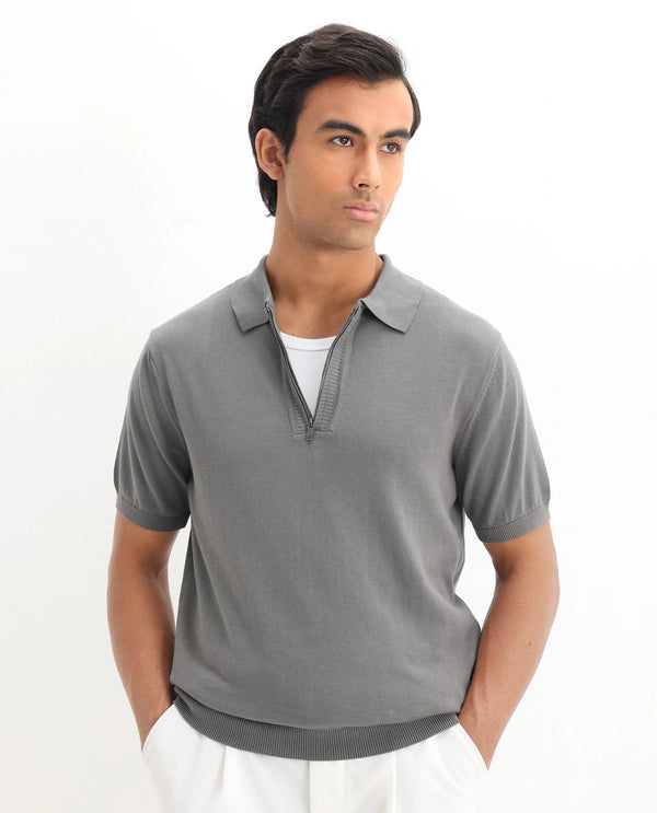 Rare Rabbit Men Ryd Dark Grey Cotton Fabric Half Sleeve Spread Collar Zipper Closure Plain Polo