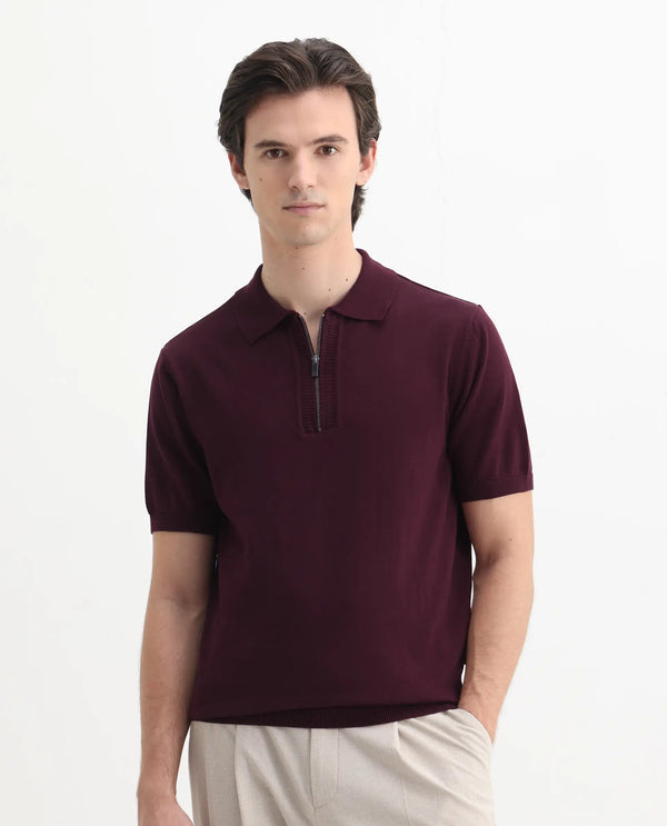 Rare Rabbit Men Ryd Maroon Cotton Half Sleeve Spread Collar Zipper Closure Plain Polo