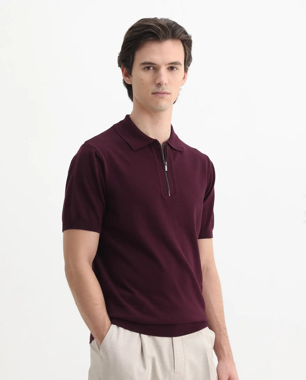 Rare Rabbit Men Ryd Maroon Cotton Half Sleeve Spread Collar Zipper Closure Plain Polo