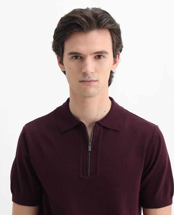 Rare Rabbit Men Ryd Maroon Cotton Half Sleeve Spread Collar Zipper Closure Plain Polo