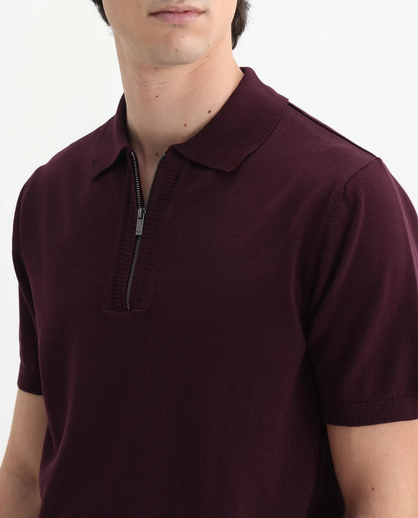 Rare Rabbit Men Ryd Maroon Cotton Half Sleeve Spread Collar Zipper Closure Plain Polo