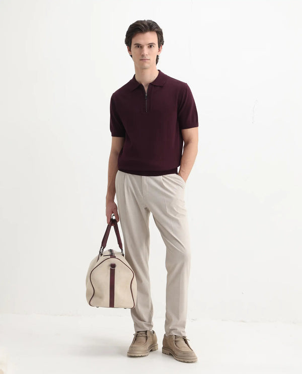 Rare Rabbit Men Ryd Maroon Cotton Half Sleeve Spread Collar Zipper Closure Plain Polo