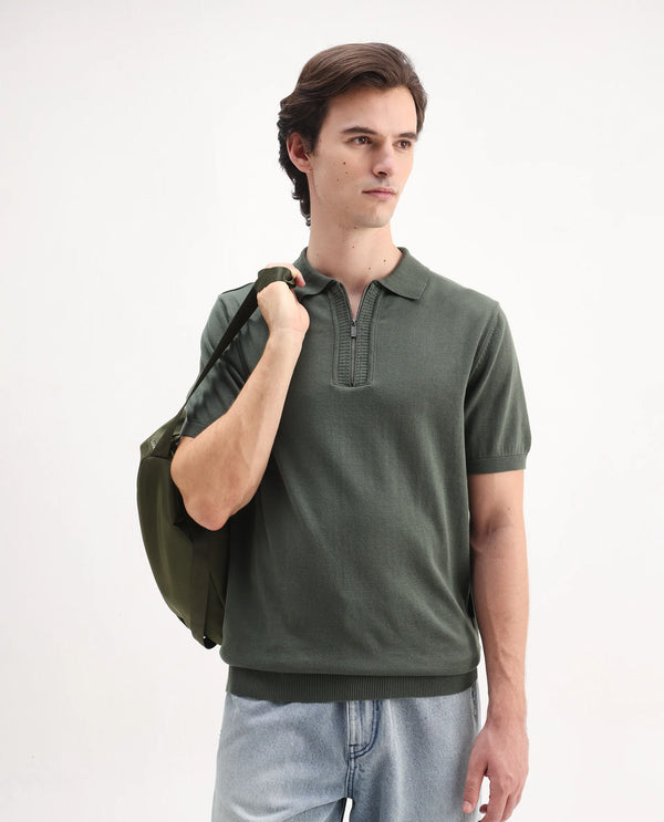 Rare Rabbit Men Ryd Pastel Olive Cotton Half Sleeve Spread Collar Zipper Closure Plain Polo