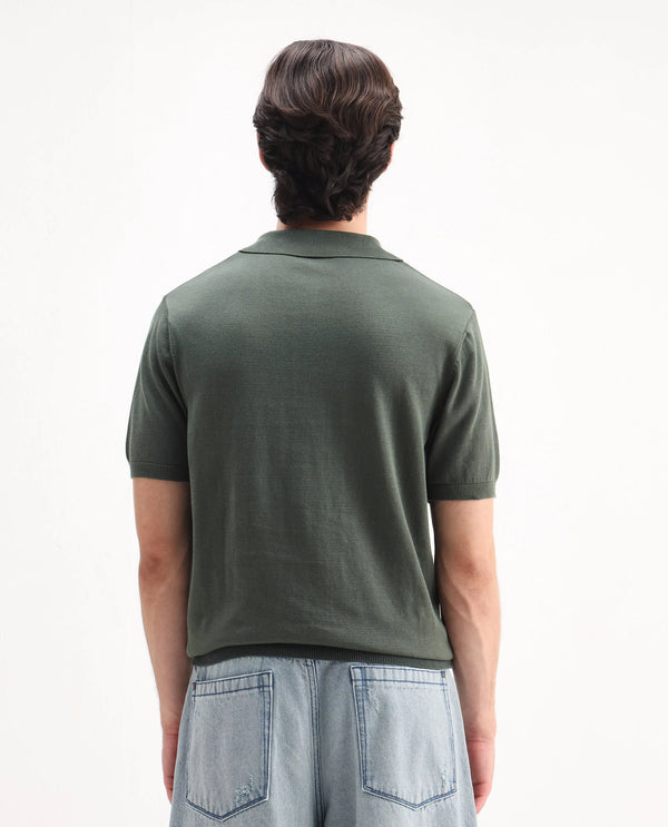 Rare Rabbit Men Ryd Pastel Olive Cotton Half Sleeve Spread Collar Zipper Closure Plain Polo