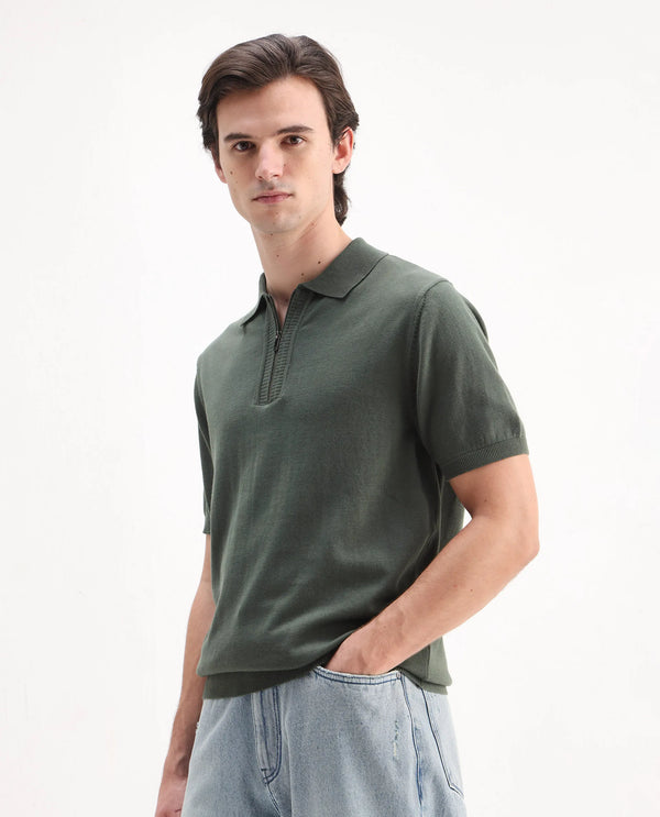 Rare Rabbit Men Ryd Pastel Olive Cotton Half Sleeve Spread Collar Zipper Closure Plain Polo