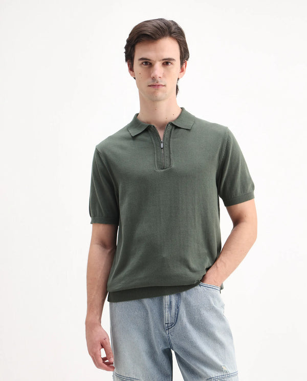 Rare Rabbit Men Ryd Pastel Olive Cotton Half Sleeve Spread Collar Zipper Closure Plain Polo