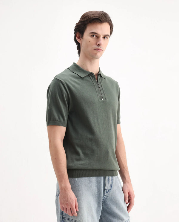 Rare Rabbit Men Ryd Pastel Olive Cotton Half Sleeve Spread Collar Zipper Closure Plain Polo