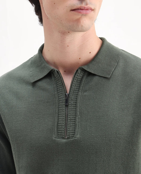 Rare Rabbit Men Ryd Pastel Olive Cotton Half Sleeve Spread Collar Zipper Closure Plain Polo