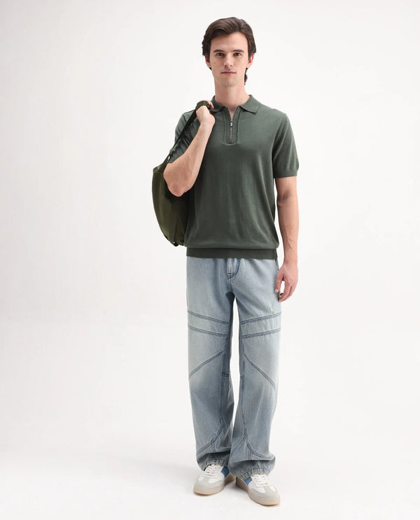 Rare Rabbit Men Ryd Pastel Olive Cotton Half Sleeve Spread Collar Zipper Closure Plain Polo