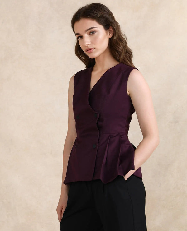 Rareism Women Rysa Purple Sleeveless V-Neck Button Closure Fit And Flare Plain Top