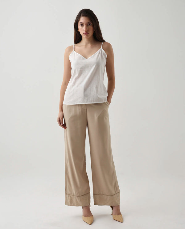 Rareism Women Roneshif-B Beige 100% Viscose Fabric Straight Fit Plain Trouser