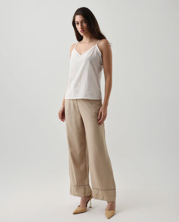 Rareism Women Roneshif-B Beige 100% Viscose Fabric Straight Fit Plain Trouser