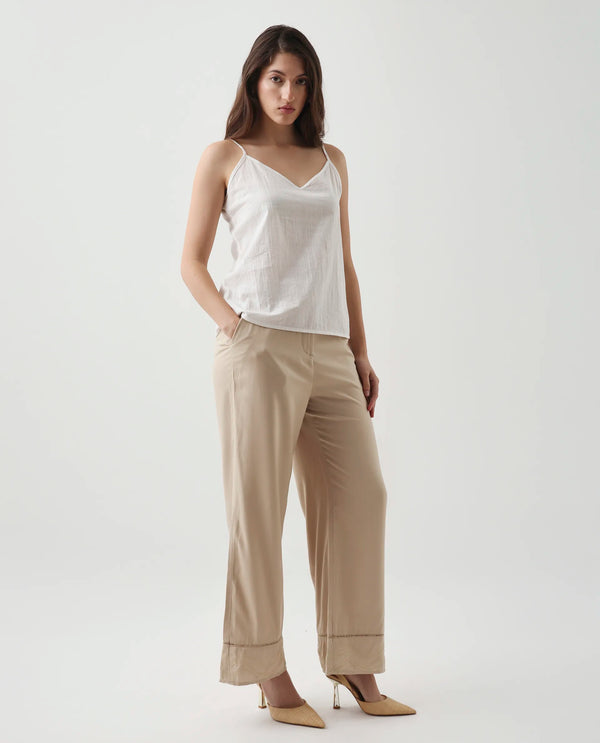 Rareism Women Roneshif-B Beige 100% Viscose Fabric Straight Fit Plain Trouser