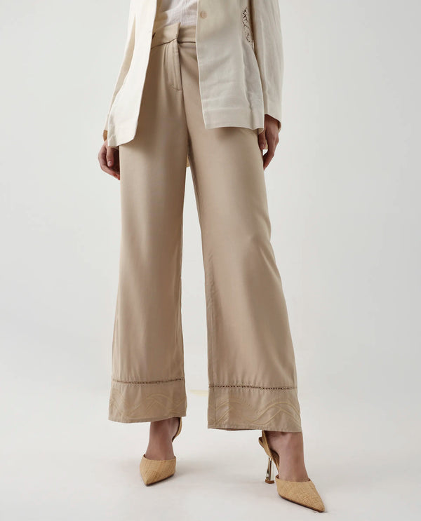 Rareism Women Roneshif-B Beige 100% Viscose Fabric Straight Fit Plain Trouser