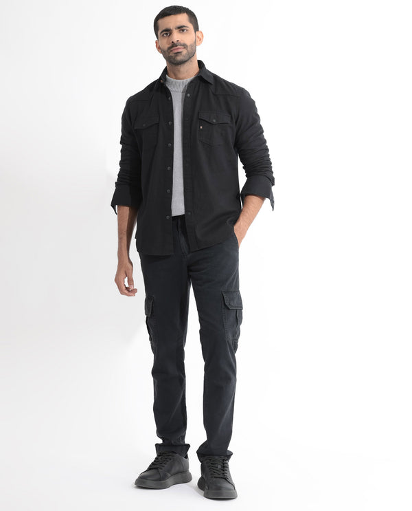 Rare Rabbit Men's Rubans Black Cotton Fabric Full Sleeves Denim Shirt