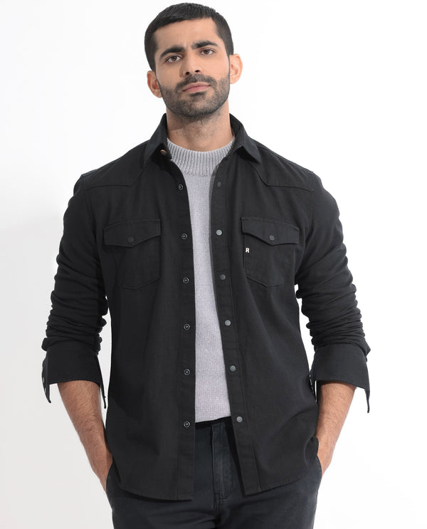Rare Rabbit Men's Rubans Black Cotton Fabric Full Sleeves Denim Shirt