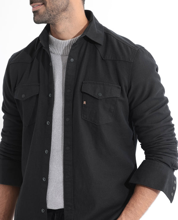 Rare Rabbit Men's Rubans Black Cotton Fabric Full Sleeves Denim Shirt