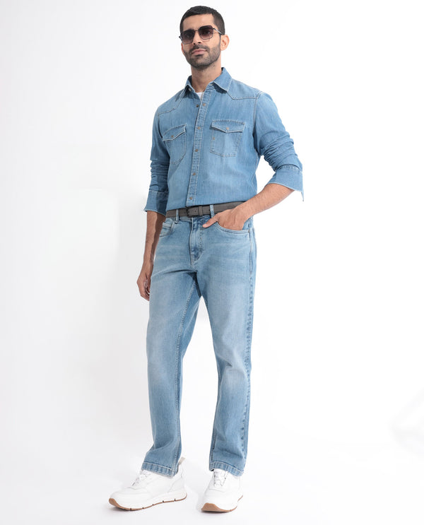 Rare Rabbit Men's Rubans Blue Cotton Fabric Full Sleeves Regular Fit Shirt