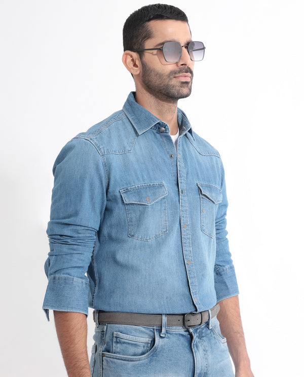 Rare Rabbit Men's Rubans Blue Cotton Fabric Full Sleeves Regular Fit Shirt