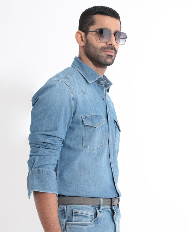 Rare Rabbit Men's Rubans Blue Cotton Fabric Full Sleeves Regular Fit Shirt