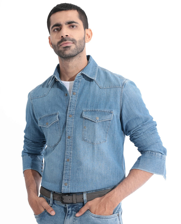Rare Rabbit Men's Rubans Blue Cotton Fabric Full Sleeves Regular Fit Shirt