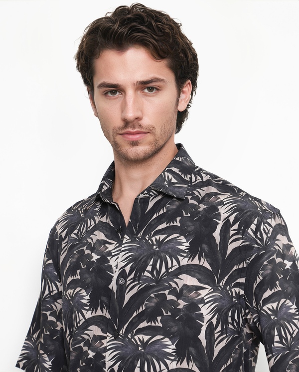 Rare Rabbit Men's Sabel Black Viscose Fabric Short Sleeves Boxy Fit Tropical Print Shirt