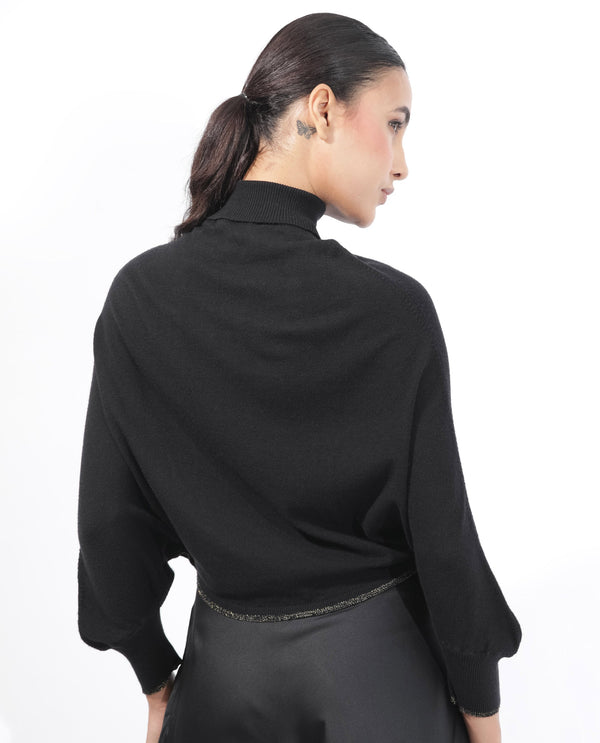 Rareism Women Sabel Black Viscose Fabric Full Sleeves Turtle Neck Kimono Sleeve Relaxed Fit Plain Cropped Sweater
