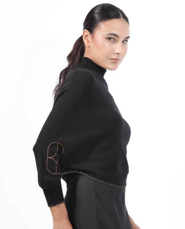 Rareism Women Sabel Black Viscose Fabric Full Sleeves Turtle Neck Kimono Sleeve Relaxed Fit Plain Cropped Sweater
