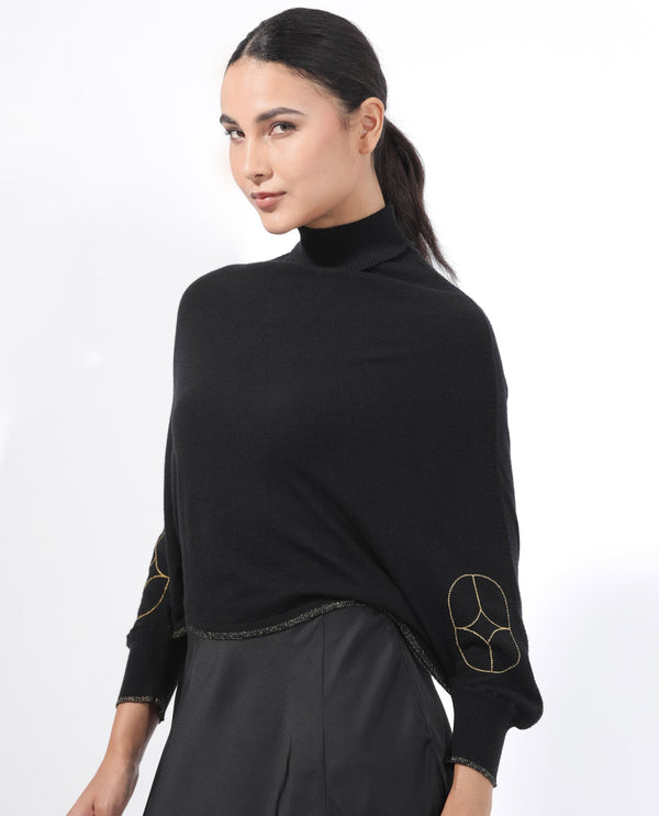 Rareism Women Sabel Black Viscose Fabric Full Sleeves Turtle Neck Kimono Sleeve Relaxed Fit Plain Cropped Sweater