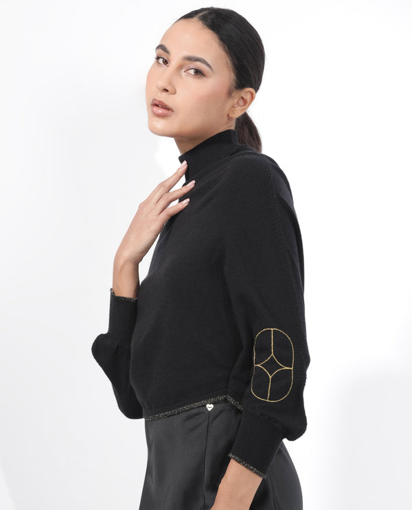 Rareism Women Sabel Black Viscose Fabric Full Sleeves Turtle Neck Kimono Sleeve Relaxed Fit Plain Cropped Sweater